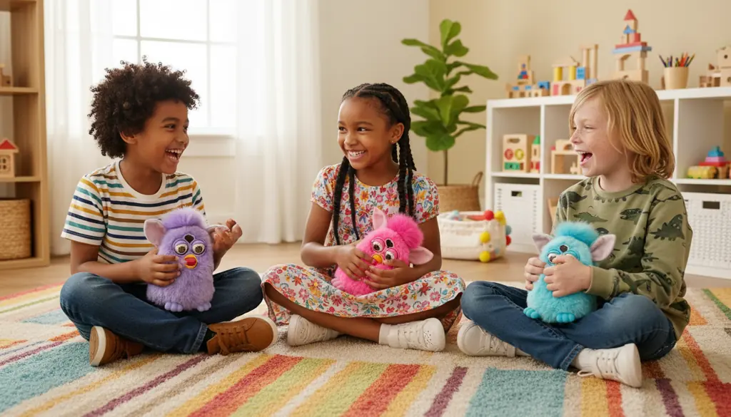 Happy children playing together with their Furby toys in joyful interaction