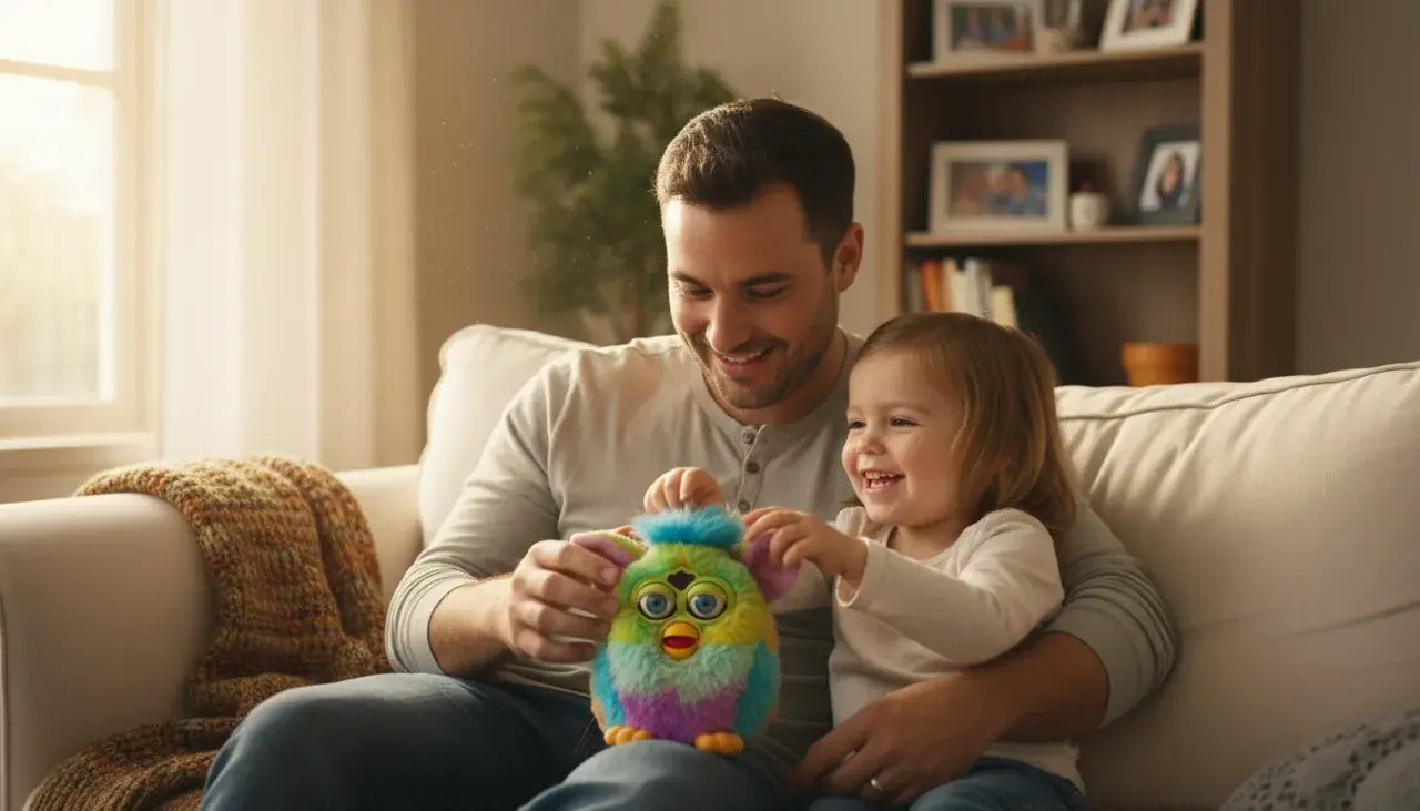 Parent and child together talking to and playing with Furby toy