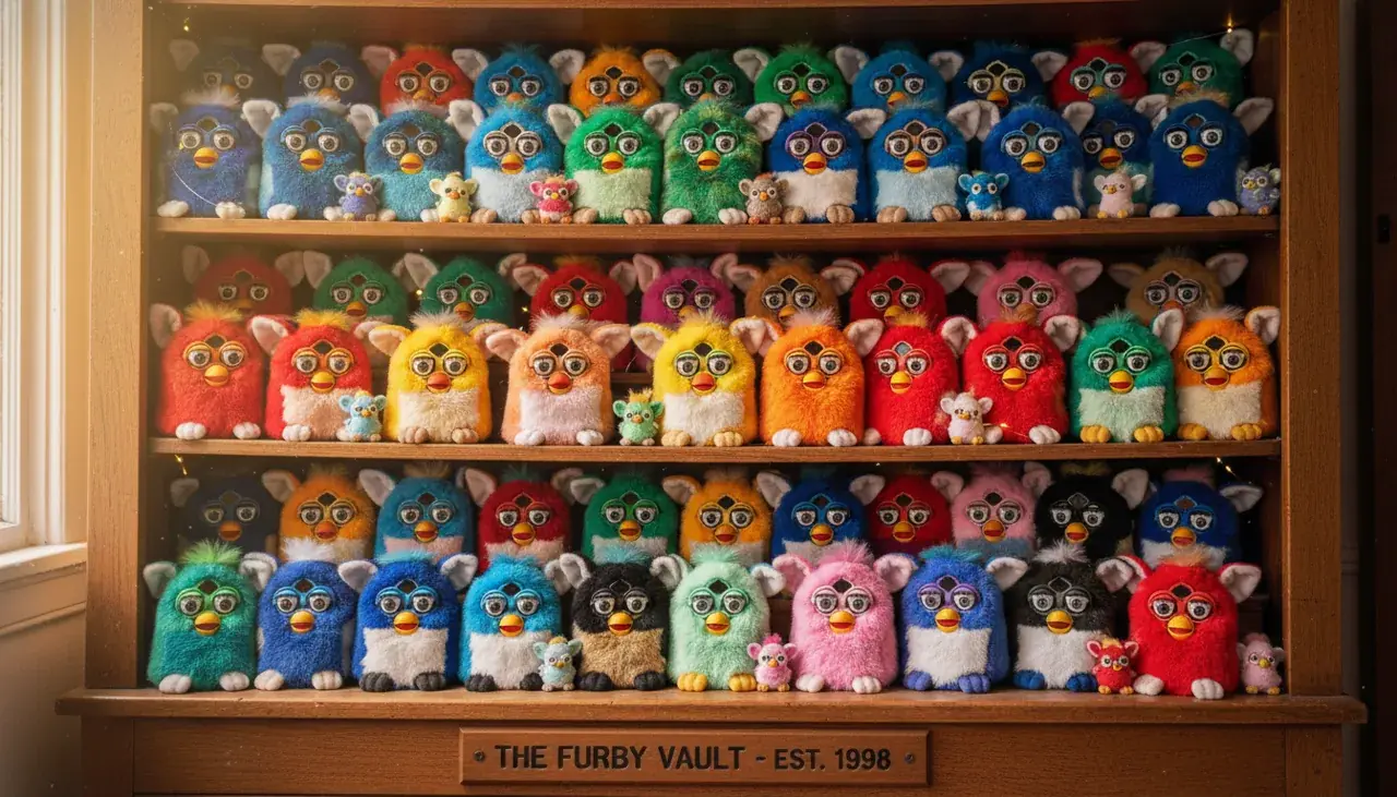 Colorful collection of vintage Furby toys displayed on shelves showcasing different generations and special editions