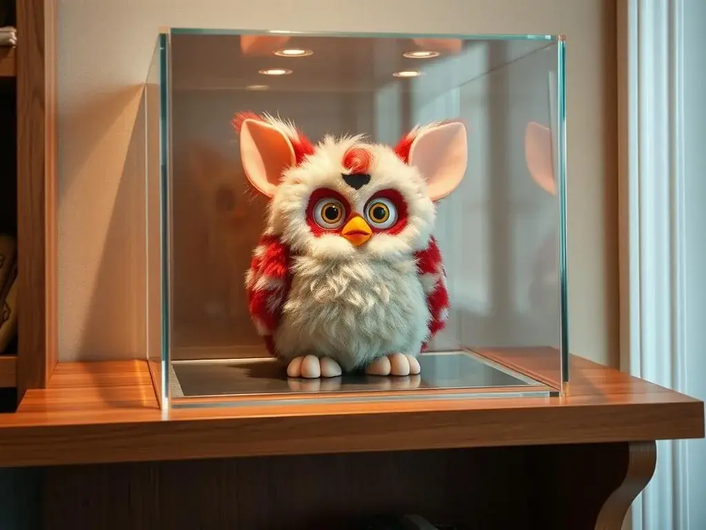Proper Furby storage in display case showing how to maintain furby worth