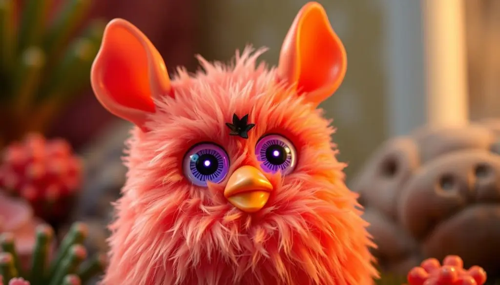 An image of Furby Coral with its vibrant coral coloring and expressive LED eyes, showcasing its interactive features. An image of Furby Coral with its vibrant coral coloring and expressive LED eyes, showcasing its interactive features.