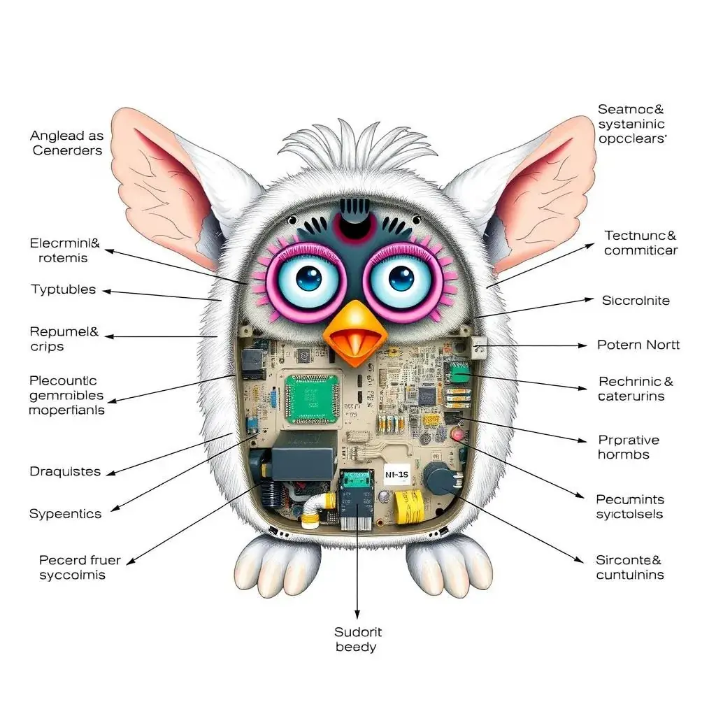 Furby toy showing its electronic components and interactive features Furby toy showing its electronic components and interactive features