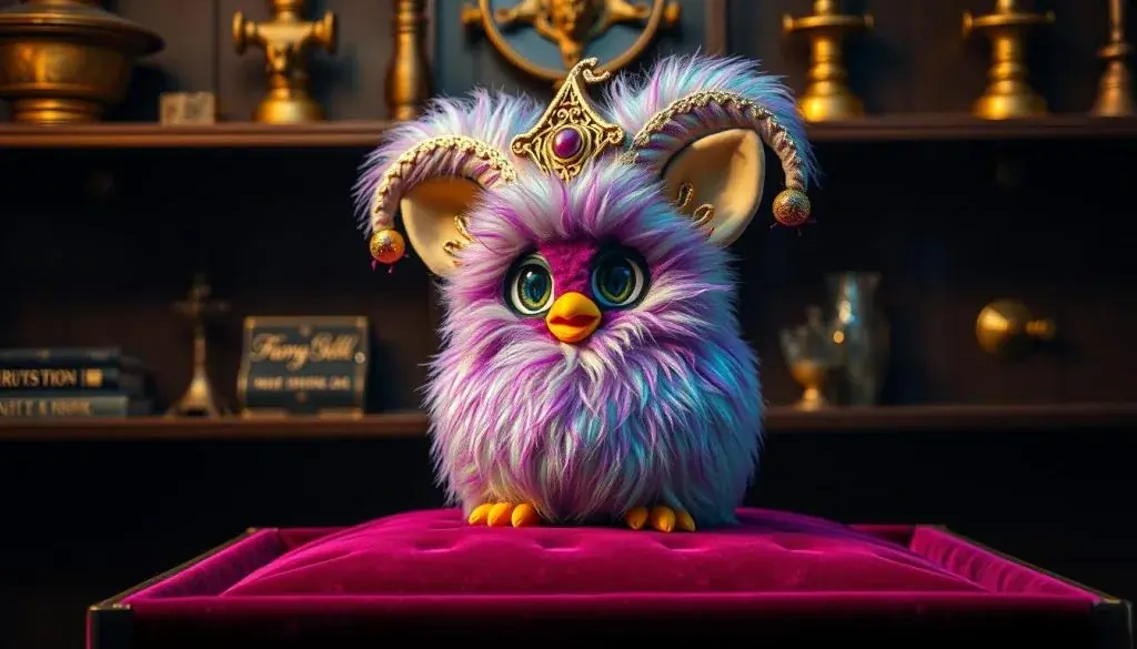 A rare and exquisite Furby Jester, its plush fur shimmering with iridescent hues, sits atop a velvet-lined display case. Ornate golden accents adorn its whimsical features, evoking a sense of regal elegance. The lighting casts a warm, theatrical glow, highlighting the Jester's intricate details and adding depth to the composition. In the background, a dimly lit, vintage-inspired setting with mahogany shelves and tarnished brass fixtures sets the stage for this exceptional collectible. The Furby Jester exudes a sense of exclusivity and timeless charm, capturing the essence of the article's subject and the collectible appeal of this unique breed.