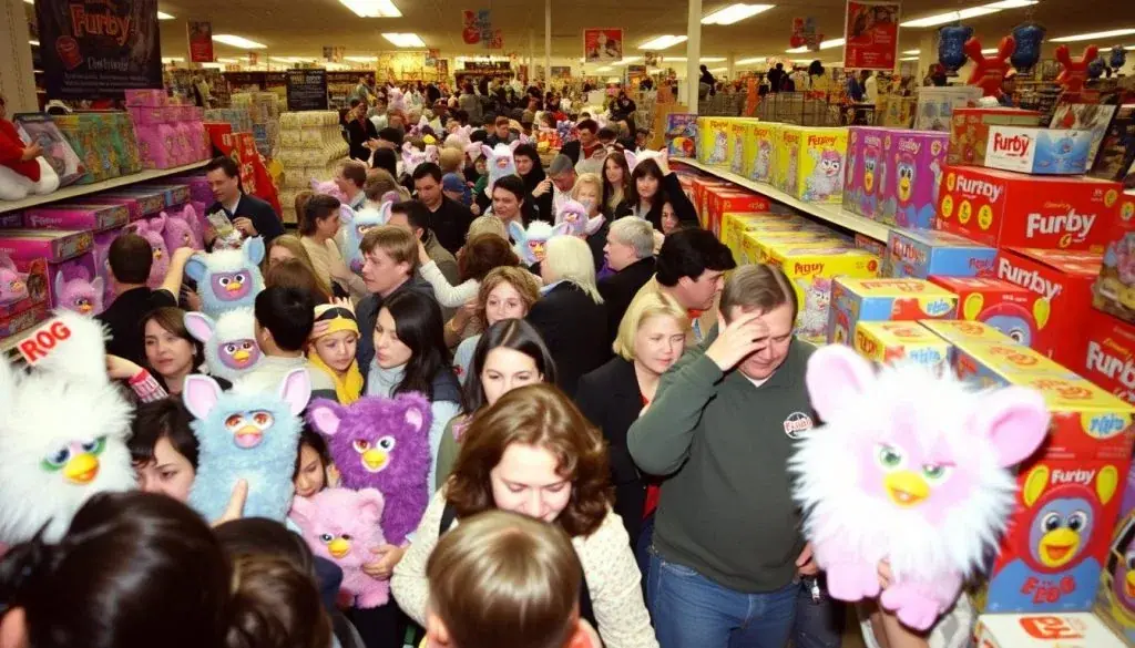 Crowds of shoppers hunting for Furbies during the 1998 holiday shopping season Crowds of shoppers hunting for Furbies during the 1998 holiday shopping season