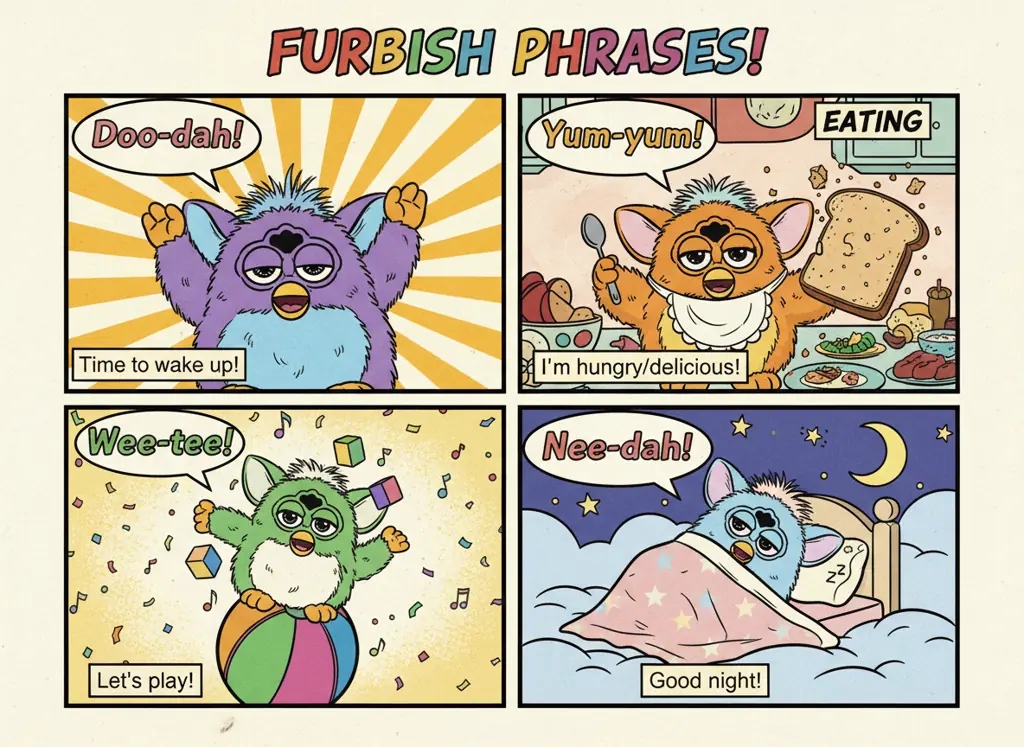 Furby expressing common phrases in different situations