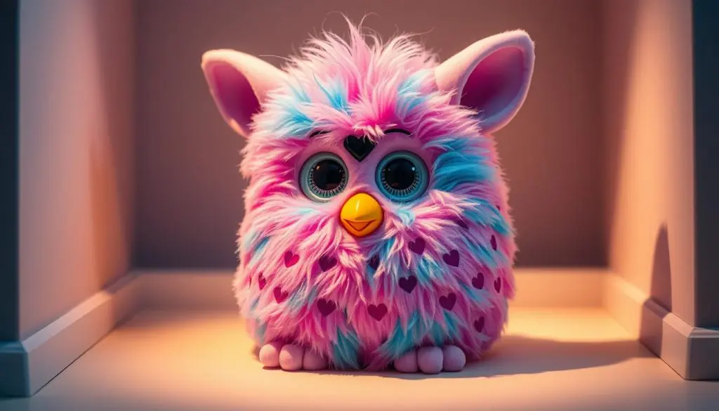 A vibrant Furby Boom model, its soft pink and blue fur accented with delicate hearts. The plush toy sits in a cozy, well-lit setting, its large eyes and expressive features evoking a sense of whimsical charm. Carefully placed lighting casts a warm, inviting glow, highlighting the textural details of the Furby's fur and the intricate heart patterns. The composition places the Furby Boom as the central focus, surrounded by a clean, minimalist background that allows the colorful character to truly stand out. An image that captures the playful, joyful essence of this unique Furby Boom model. A vibrant Furby Boom model, its soft pink and blue fur accented with delicate hearts. The plush toy sits in a cozy, well-lit setting, its large eyes and expressive features evoking a sense of whimsical charm. Carefully placed lighting casts a warm, inviting glow, highlighting the textural details of the Furby's fur and the intricate heart patterns. The composition places the Furby Boom as the central focus, surrounded by a clean, minimalist background that allows the colorful character to truly stand out. An image that captures the playful, joyful essence of this unique Furby Boom model.