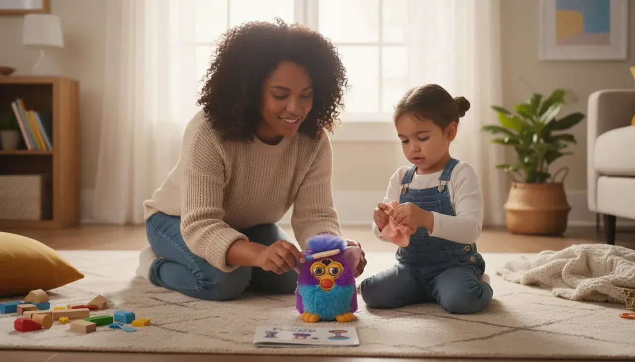 parent and child caring for furby toy together