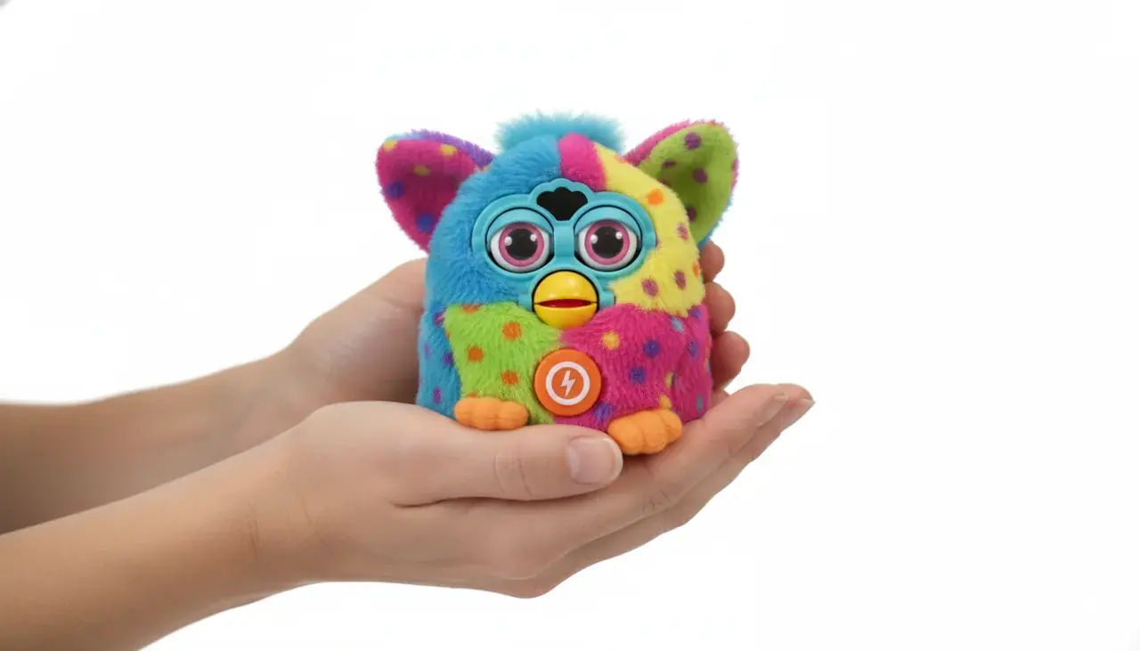 Mini Furby interactive toy being held in hands showing power button location