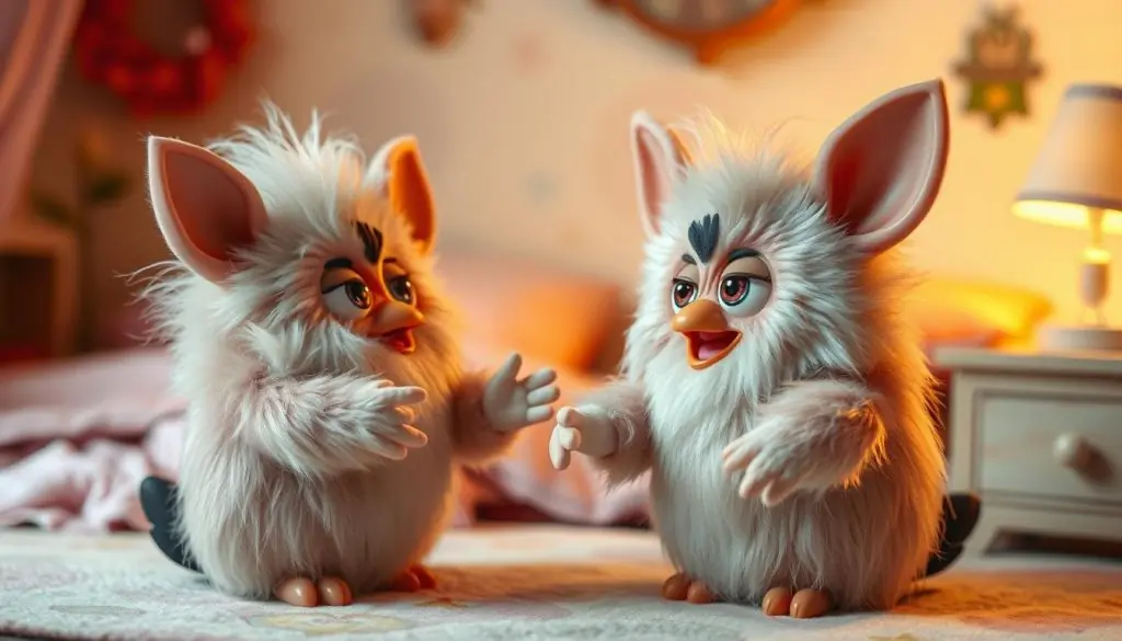 A whimsical scene of two Furby Furblets interacting playfully. In the foreground, the Furblets are animated, their fur shimmering as they engage in a lively game or exchange. Soft, diffused lighting casts a warm glow, highlighting the Furblets' expressive features and lively gestures. The background is a cozy, imaginative setting, perhaps a child's bedroom or playroom, with gentle textures and muted colors that create a sense of wonder and enchantment. The composition emphasizes the dynamic interplay between the Furblets, inviting the viewer to witness their endearing, interactive antics. A whimsical scene of two Furby Furblets interacting playfully. In the foreground, the Furblets are animated, their fur shimmering as they engage in a lively game or exchange. Soft, diffused lighting casts a warm glow, highlighting the Furblets' expressive features and lively gestures. The background is a cozy, imaginative setting, perhaps a child's bedroom or playroom, with gentle textures and muted colors that create a sense of wonder and enchantment. The composition emphasizes the dynamic interplay between the Furblets, inviting the viewer to witness their endearing, interactive antics.