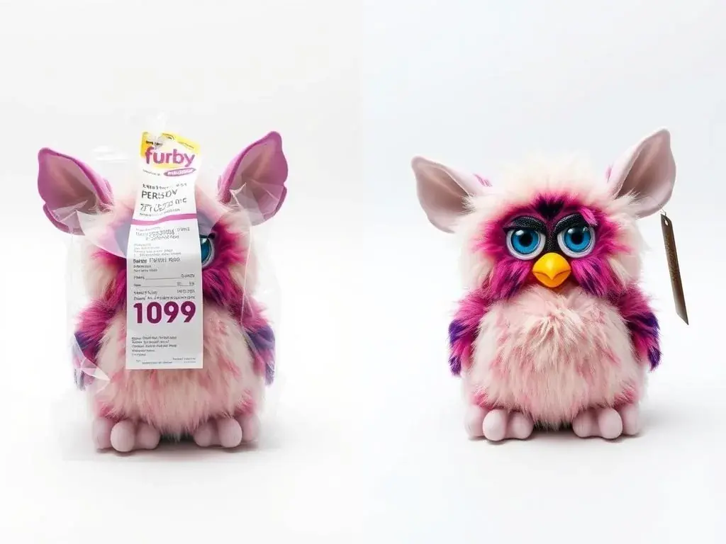 Comparison between a 1998 Furby worth more in original packaging versus a used model