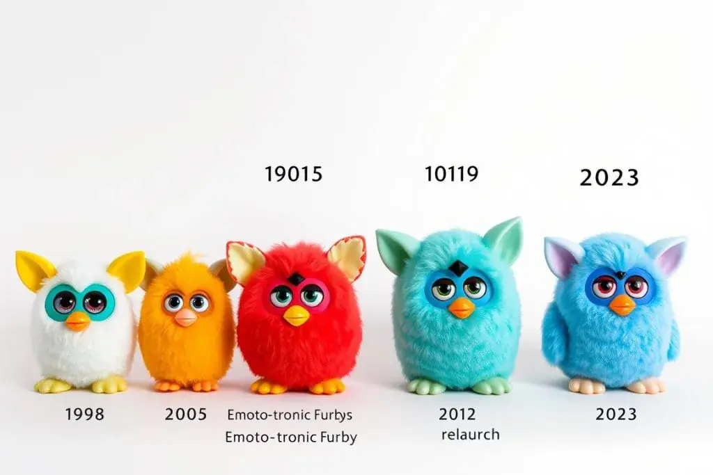 Various generations of Furby toys showing their evolution over time Various generations of Furby toys showing their evolution over time