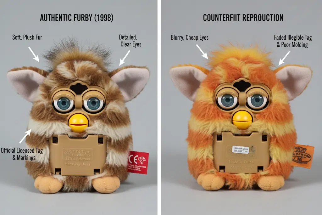 Comparison showing authentic versus counterfeit Furby details
