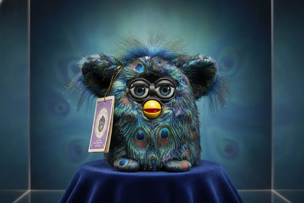 rare peacock edition Furby with vibrant blue and green feather pattern