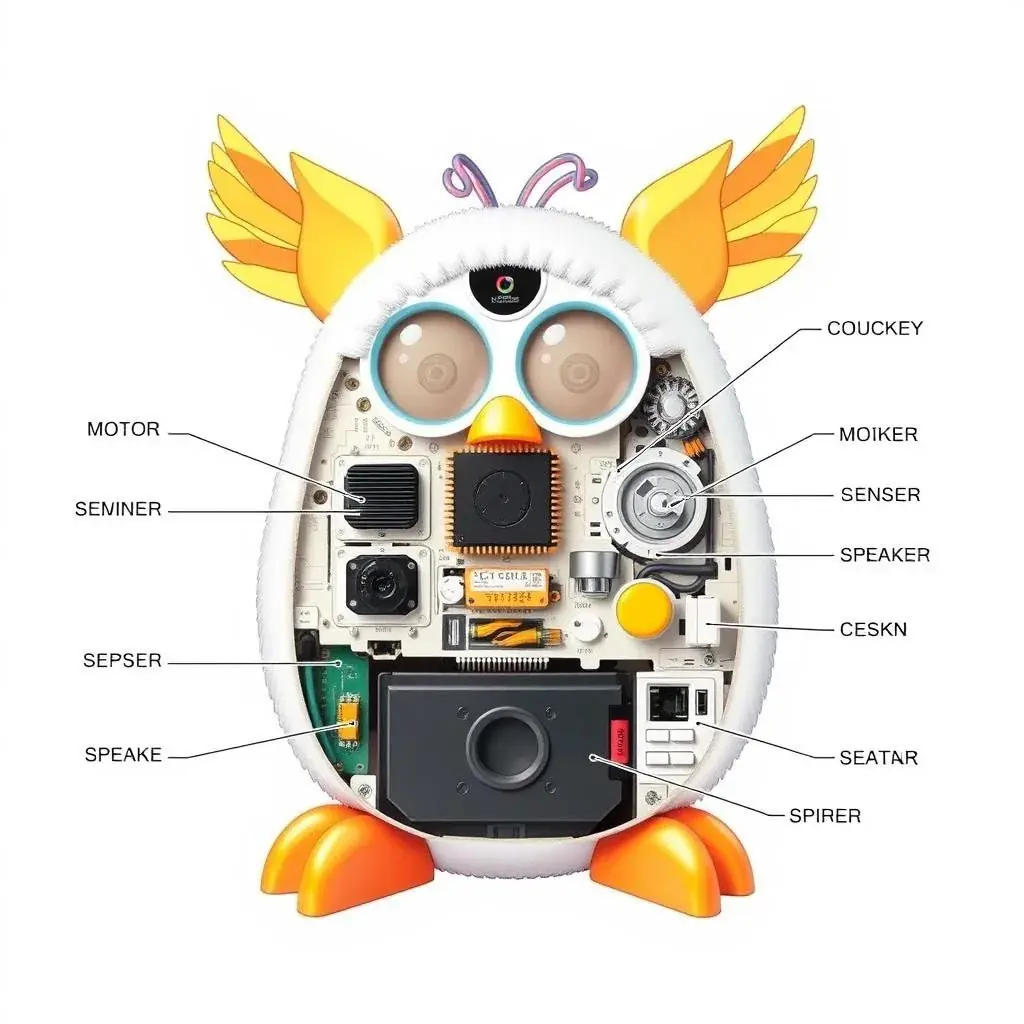 Diagram showing the internal components of a 90s Furby with labeled parts Diagram showing the internal components of a 90s Furby with labeled parts
