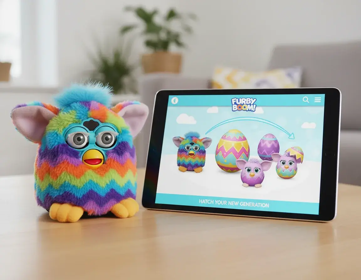 Furby Boom with mobile app showing digital eggs and Furblings