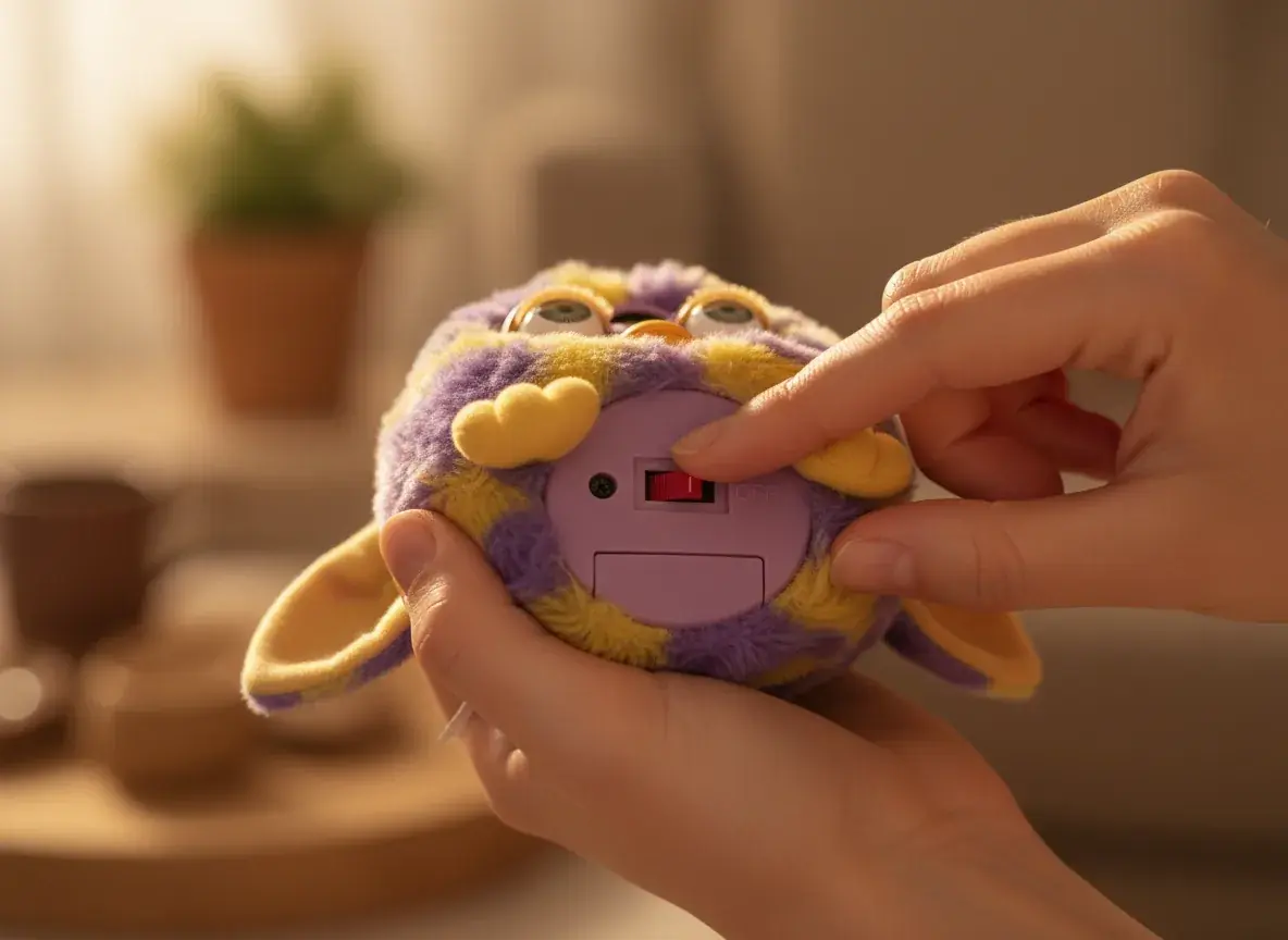 Hands demonstrating how to turn off a Furby 2025 by sliding the power switch