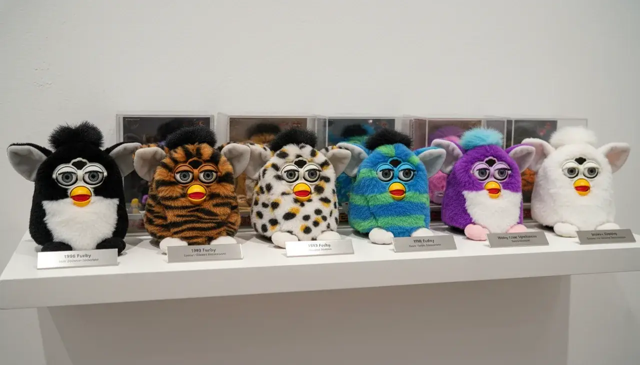 original furby 1998 collection display showing various color editions