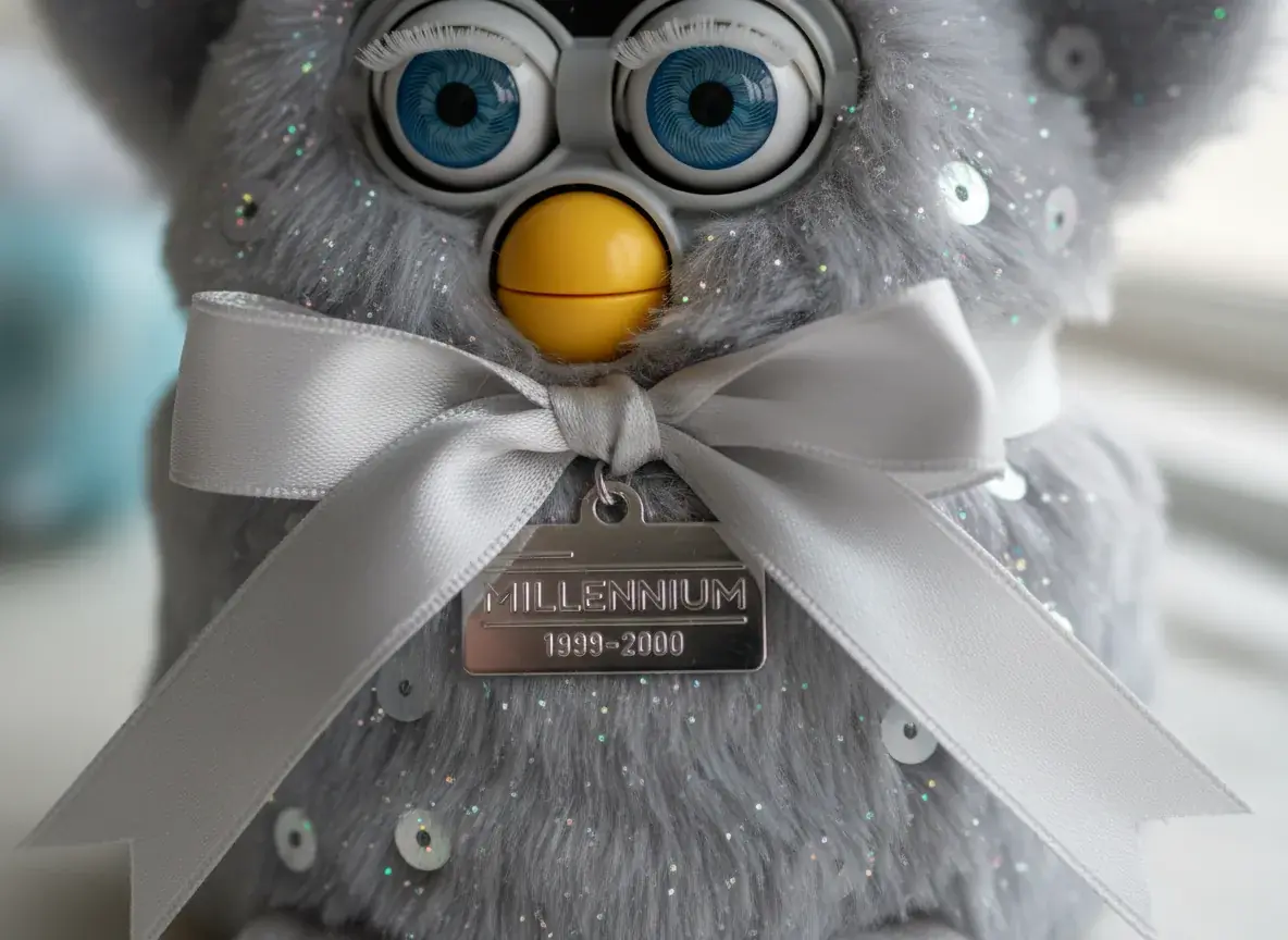 Close-up of a Millennium Furby showing the silky ribbon, commemorative tag, and sparkly ear and feet accents