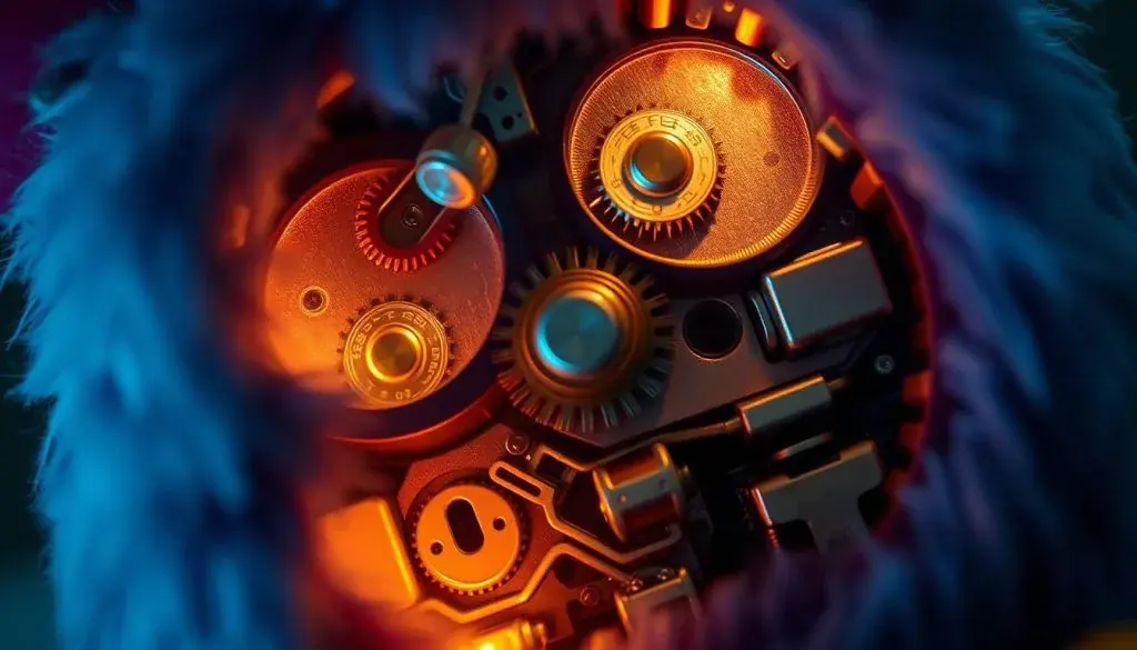 A close-up view of the internal mechanism of a Furby toy, showcasing the shutdown process. The image should depict the intricate gears, motors, and circuits that power the Furby's movements and sounds, with a focus on the specific components responsible for turning the toy off. The scene should be illuminated by a soft, warm light, creating a technical yet slightly ominous atmosphere. The camera angle should be slightly angled, providing a detailed, almost surgical perspective of the Furby's inner workings. The overall tone should convey a sense of understanding and demystification of the Furby's shutdown mechanism, aligning with the informative nature of the article section.