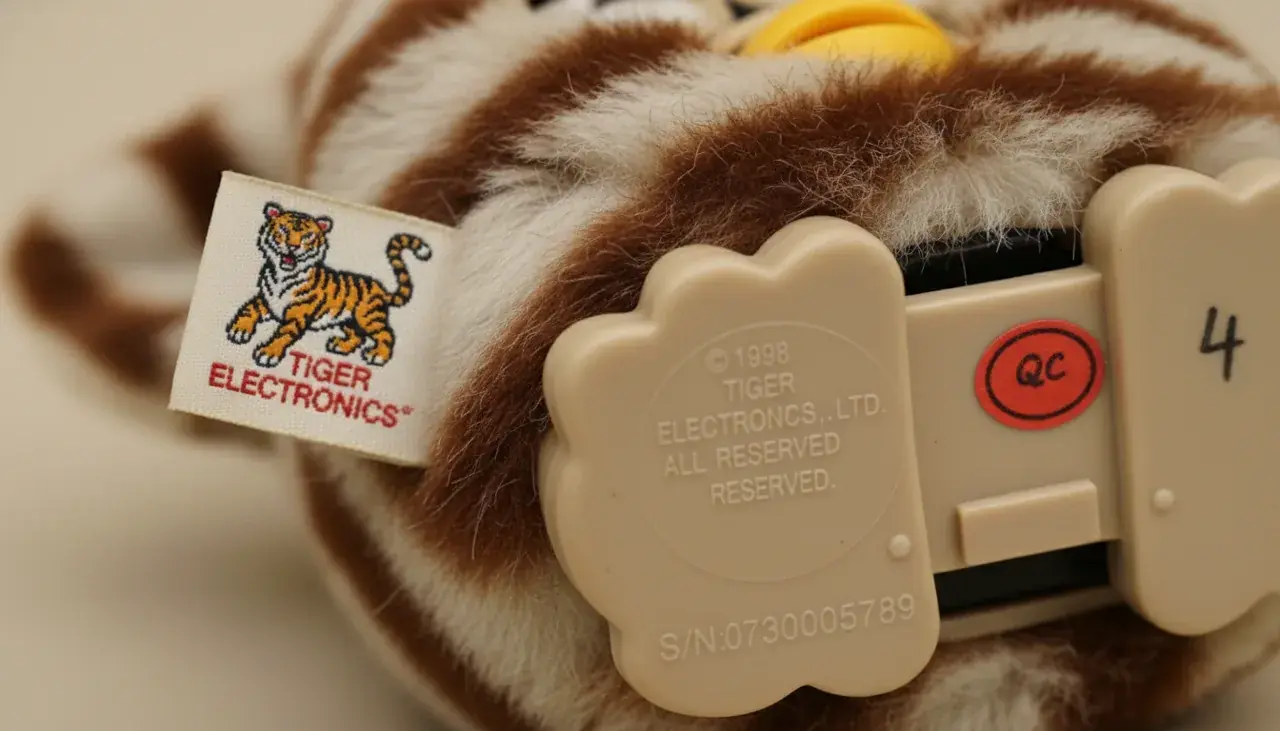 Authentication tags and markings on genuine rare Furby showing Tiger Electronics stamps