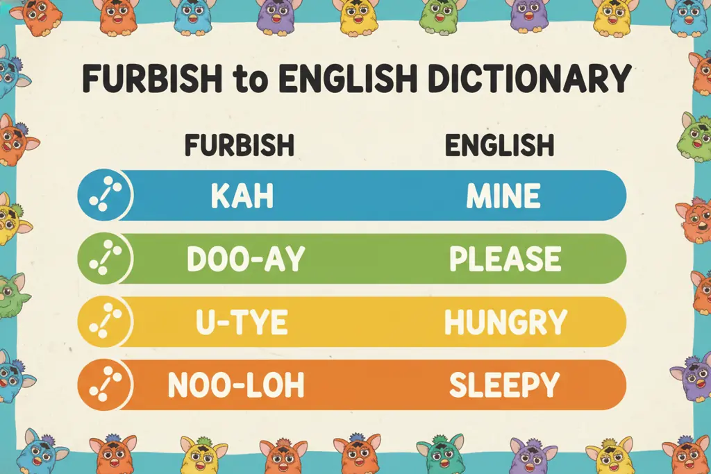 Chart showing basic Furbish words and English translations