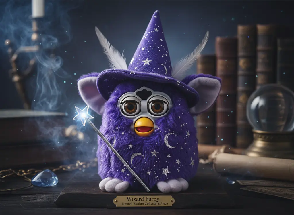Wizard Furby wearing pointed wizard hat with star patterns