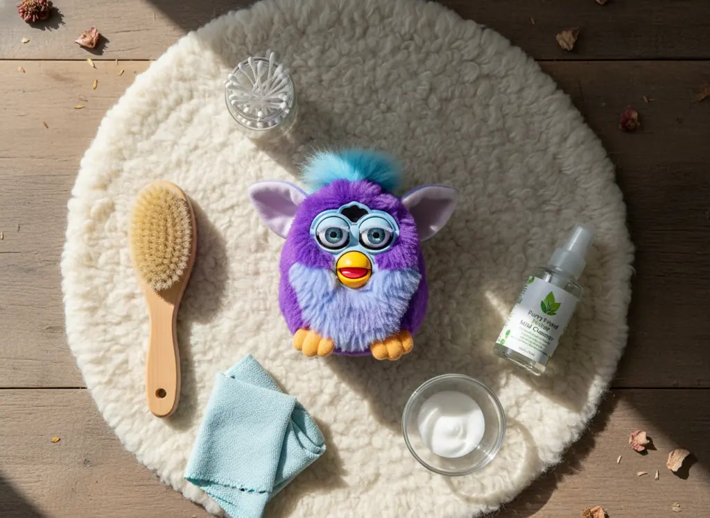 Furby toy care routine showing cleaning and maintenance supplies