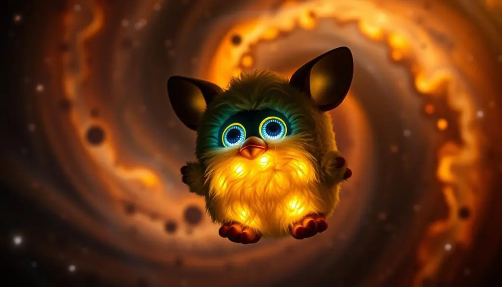 A Furby Galaxy Edition, its alien-like features glowing in the dark, set against a swirling cosmic backdrop of shimmering stars and nebulae. The plush toy is illuminated from within, its eyes and markings pulsing with an otherworldly bioluminescence. The Furby appears to float in the void, suspended in a gravity-defying pose, as if it has just materialized from the depths of the galaxy. Warm, diffused lighting casts a soft, dreamlike glow, while a shallow depth of field keeps the focus on the mesmerizing Furby. The overall scene conveys a sense of wonder and mystery, inviting the viewer to imagine the Furby's interstellar adventures. A Furby Galaxy Edition, its alien-like features glowing in the dark, set against a swirling cosmic backdrop of shimmering stars and nebulae. The plush toy is illuminated from within, its eyes and markings pulsing with an otherworldly bioluminescence. The Furby appears to float in the void, suspended in a gravity-defying pose, as if it has just materialized from the depths of the galaxy. Warm, diffused lighting casts a soft, dreamlike glow, while a shallow depth of field keeps the focus on the mesmerizing Furby. The overall scene conveys a sense of wonder and mystery, inviting the viewer to imagine the Furby's interstellar adventures.