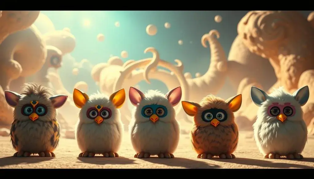 A surreal evolution of the iconic Furby design, showcasing its transformation over the years. In the foreground, a series of Furby models from different eras, each with distinctive features and expressions, captured in a sharply-lit, cinematic composition. The middle ground features a dreamlike swirl of Furby-inspired organic forms, textures, and patterns, hinting at the creature's ever-changing design. The background is a hazy, ethereal landscape, bathed in a warm, nostalgic glow, evoking the enduring legacy and fond memories of this beloved toy. The overall mood is one of whimsical wonder, celebrating the Furby's enduring design evolution. A surreal evolution of the iconic Furby design, showcasing its transformation over the years. In the foreground, a series of Furby models from different eras, each with distinctive features and expressions, captured in a sharply-lit, cinematic composition. The middle ground features a dreamlike swirl of Furby-inspired organic forms, textures, and patterns, hinting at the creature's ever-changing design. The background is a hazy, ethereal landscape, bathed in a warm, nostalgic glow, evoking the enduring legacy and fond memories of this beloved toy. The overall mood is one of whimsical wonder, celebrating the Furby's enduring design evolution.