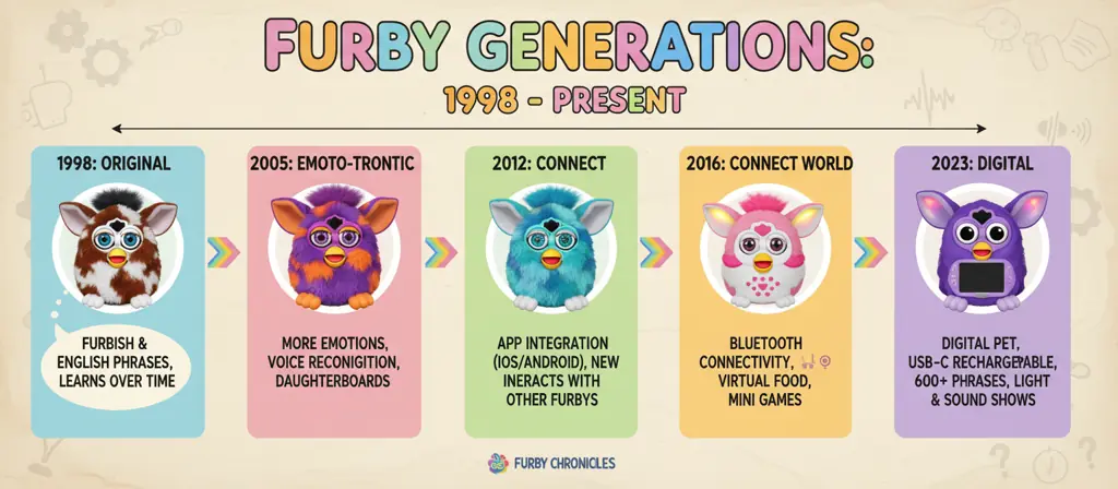 furby language evolution timeline showing all furby generations