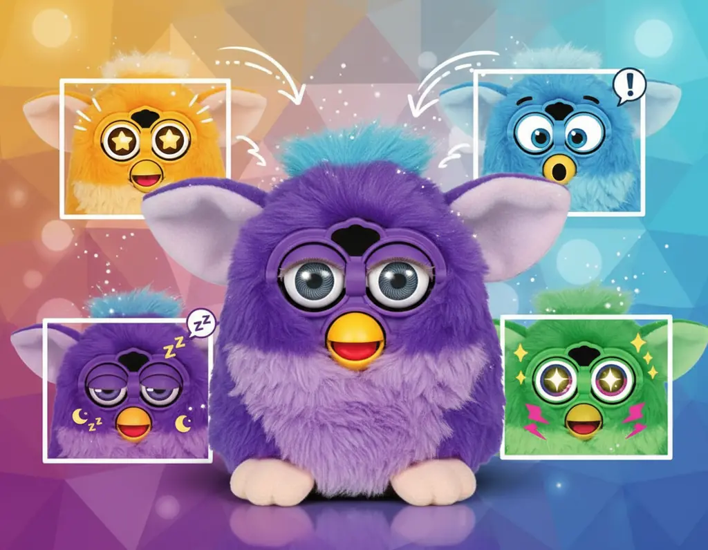 Furby toy with animated eyes showing various emotional expressions