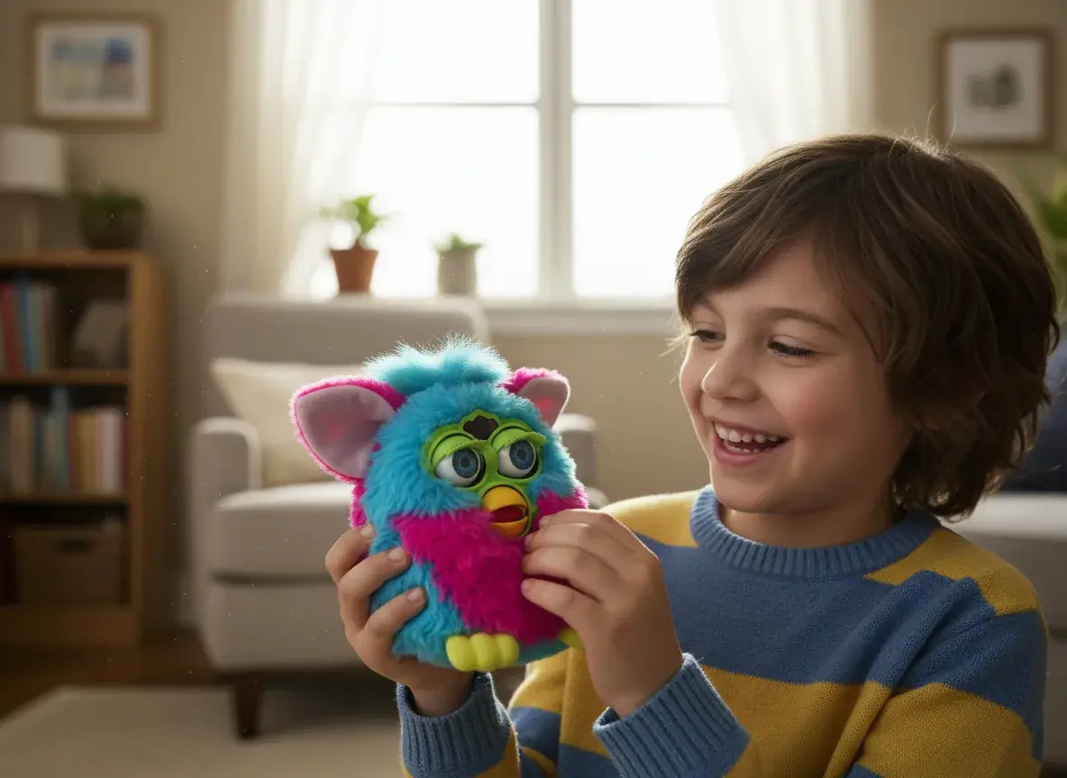 Child interacting happily with Furby toy showing communication and bonding
