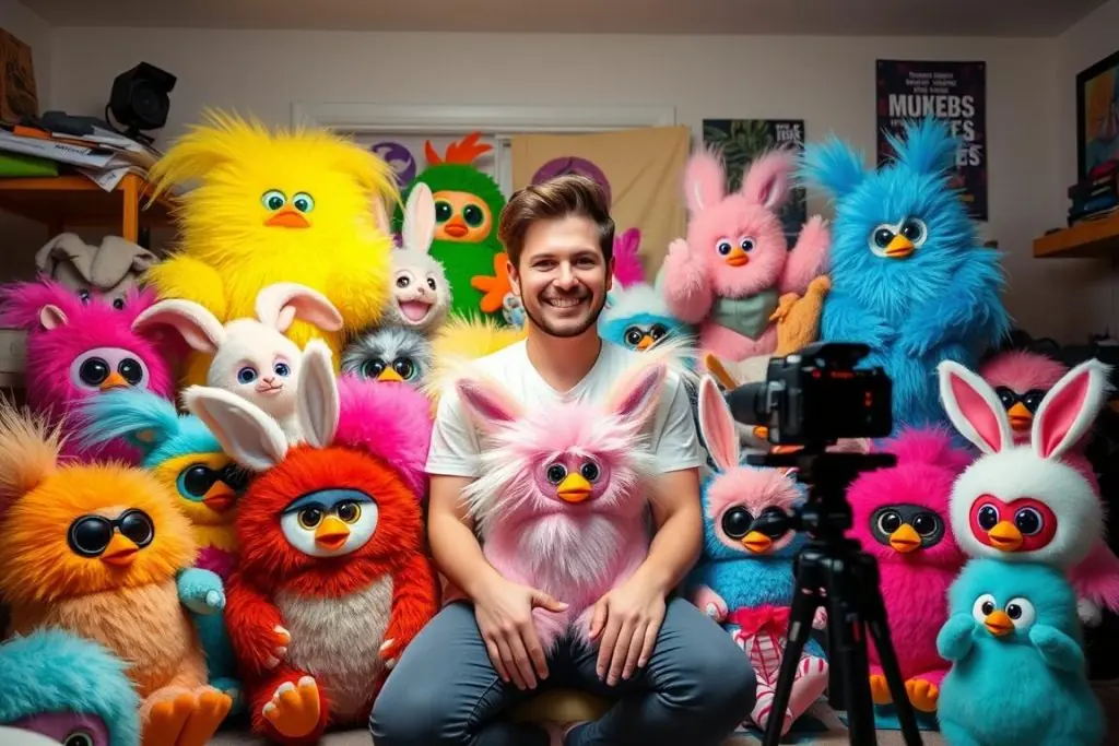 Viral TikTok creator with collection of Giant Furbies
