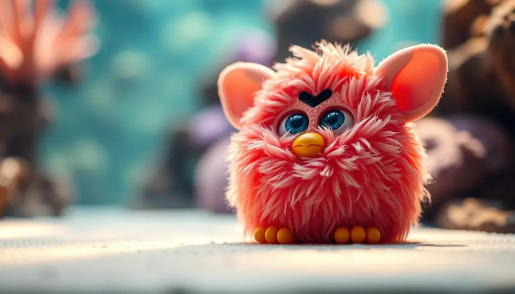 A close-up view of a Furby Coral plush toy, rendered in a soft, natural lighting environment. The plush figure is positioned in the center of the frame, with a blurred, out-of-focus background, emphasizing the detailed texture and vibrant colors of the coral-inspired Furby. The lighting is warm and diffused, casting gentle shadows that accentuate the contours and curves of the plush. The overall mood is serene and inviting, conveying a sense of calm and tranquility, as if the Furby Coral is resting peacefully in an aquarium setting.