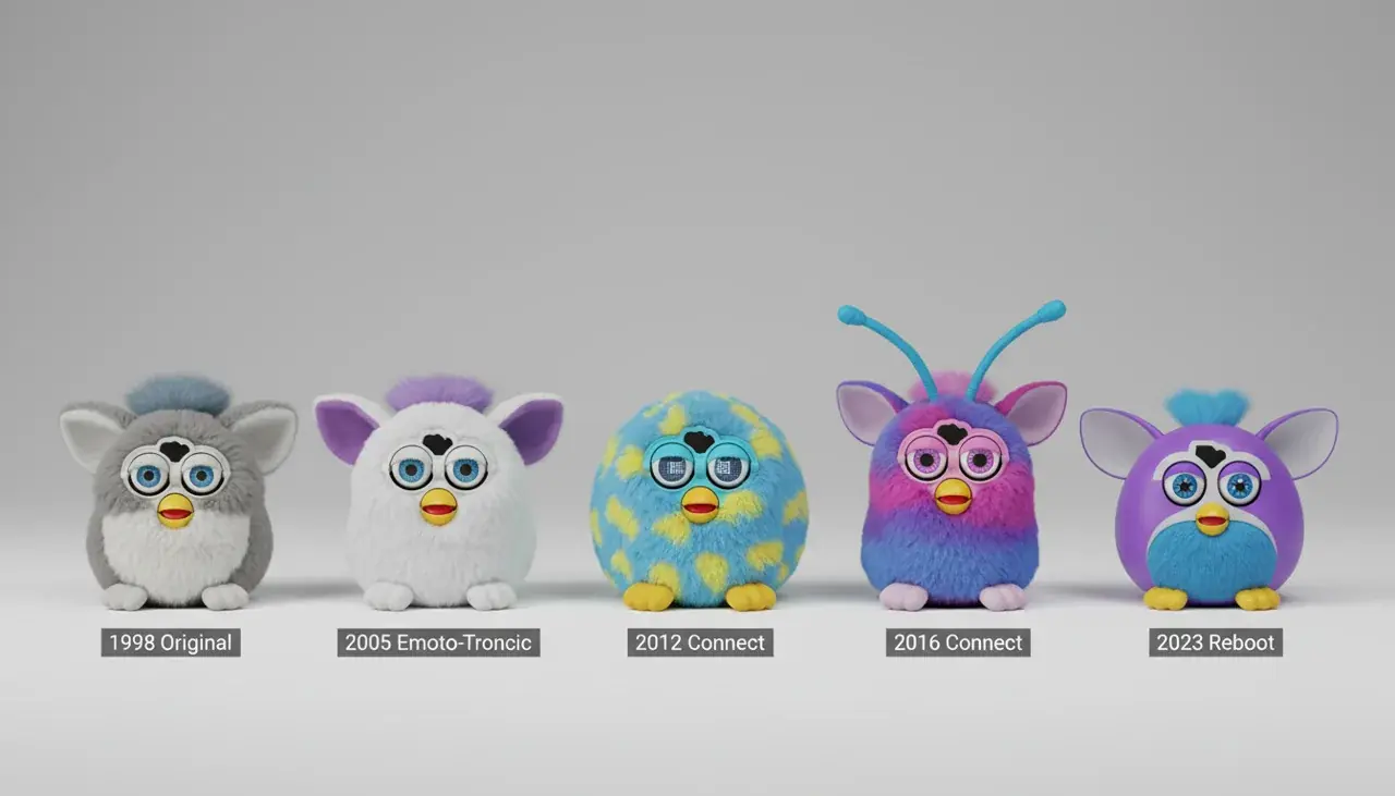 Side-by-side comparison of all Furby generations