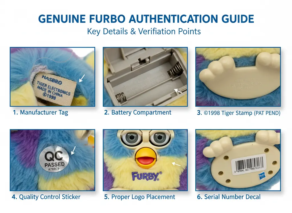 Authentication marks and details on genuine Furby showing verification points