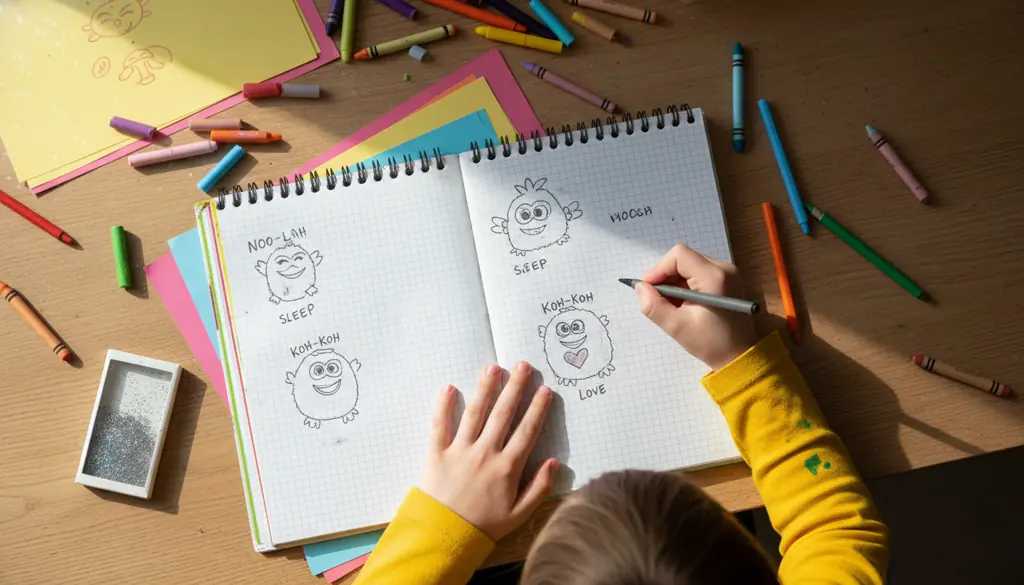 child creating homemade furby language dictionary