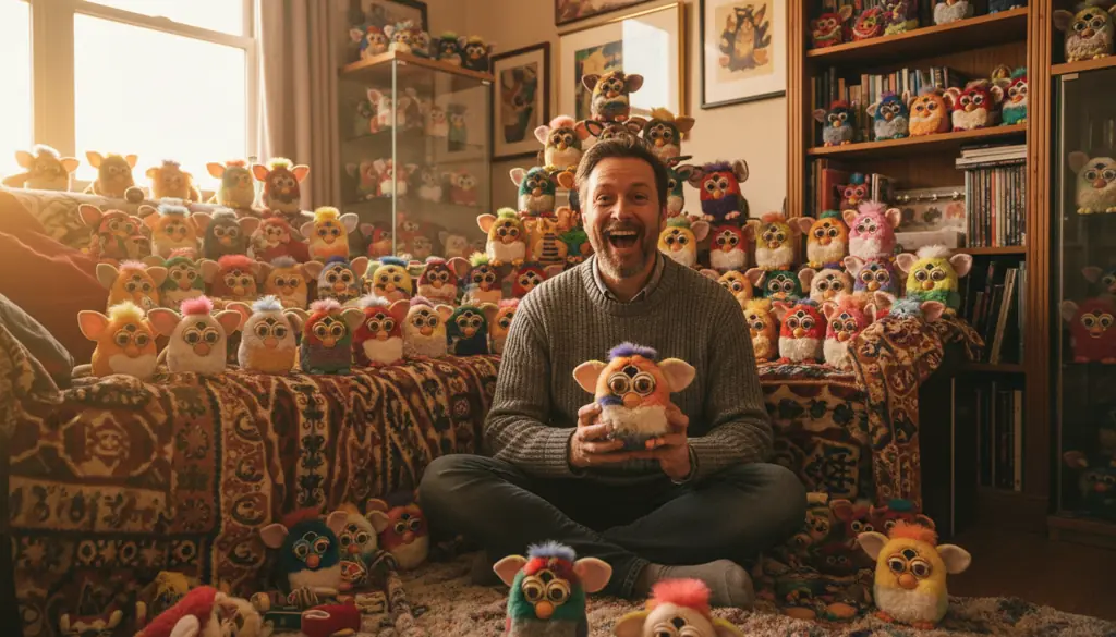 Happy collector with treasured rare Furby collection
