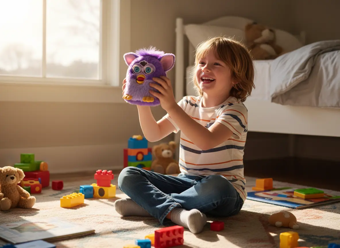 happy child playing with purple furby toy for sale