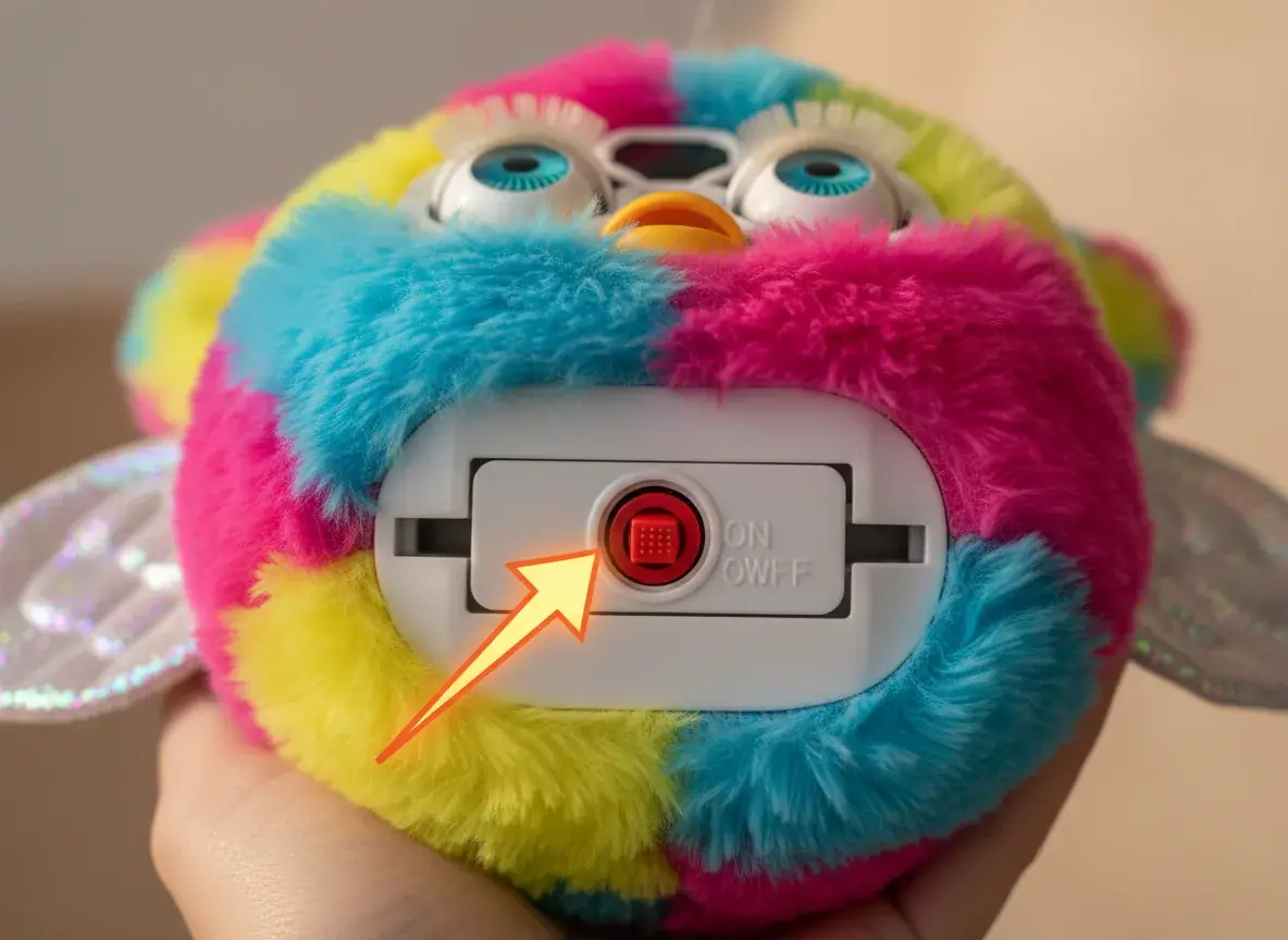Furby 2025 toy showing power switch location for easy turn off