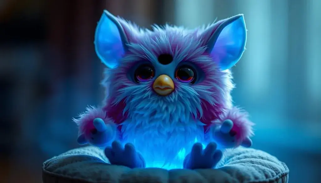 Furby in Let's Chill mode with calm blue lighting and peaceful expression Furby in Let's Chill mode with calm blue lighting and peaceful expression