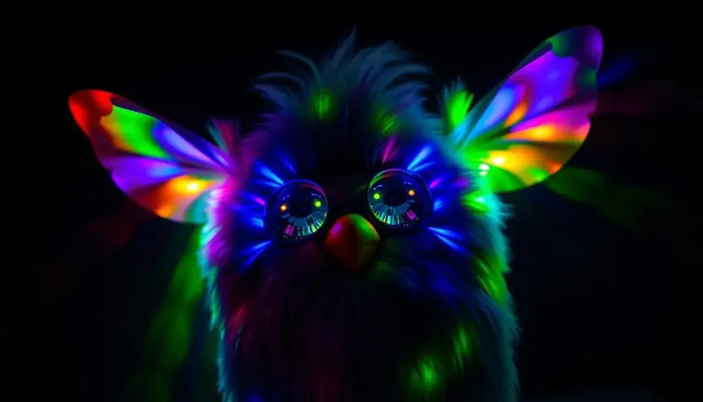 Furby displaying colorful light patterns in Light Show mode Furby displaying colorful light patterns in Light Show mode
