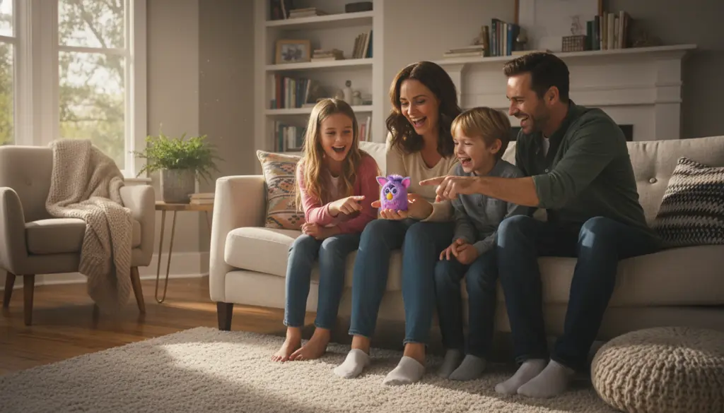 Happy family enjoying Mini Furby together in cozy home setting