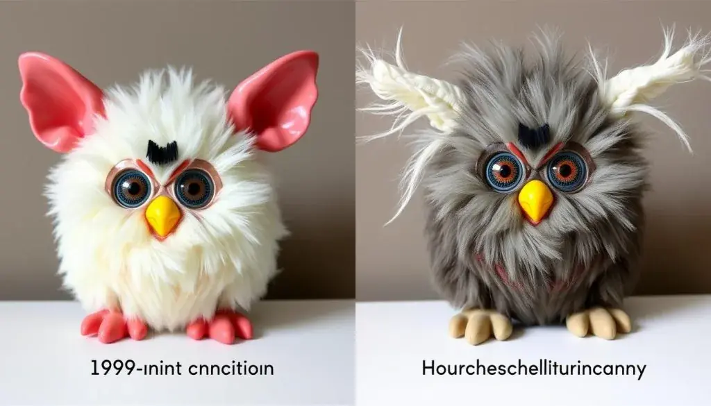 Side-by-side comparison of an original Furby and its cursed modification