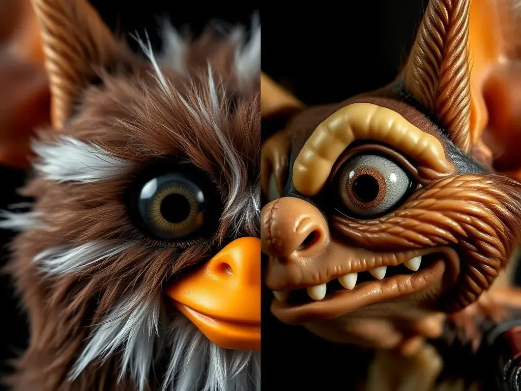 Close-up comparison of Furby and Gizmo facial features highlighting their similar eyes and ears