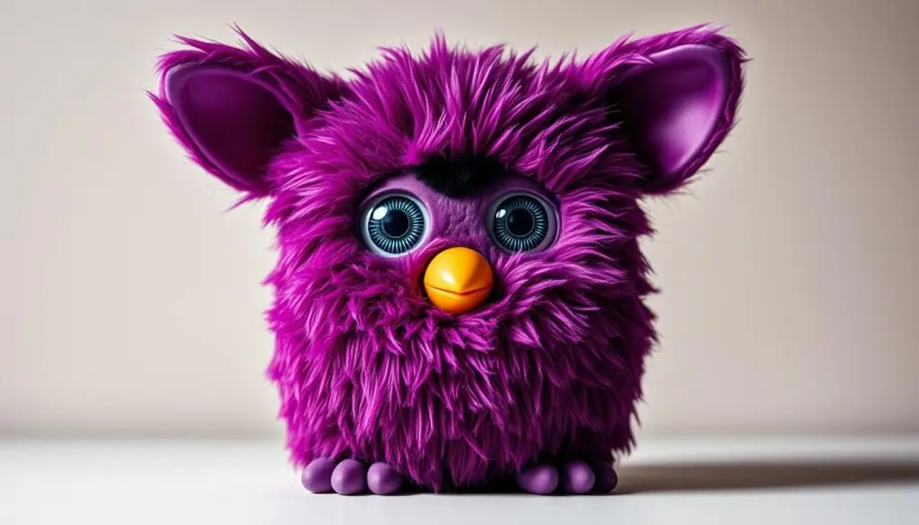 A meticulously detailed Furby2012 model in rich, vibrant shades of purple, captured in a high-resolution photograph. The plush, soft-textured toy is shown in a frontal view, its large, expressive eyes gazing directly at the camera. Intricate patterns and textures adorn the furry body, highlighting the premium quality and attention to detail. The lighting is soft and diffused, creating a warm, inviting atmosphere that showcases the Furby's unique character and charm. The background is a neutral, minimalist setting, allowing the captivating Furby to take center stage and command the viewer's attention.