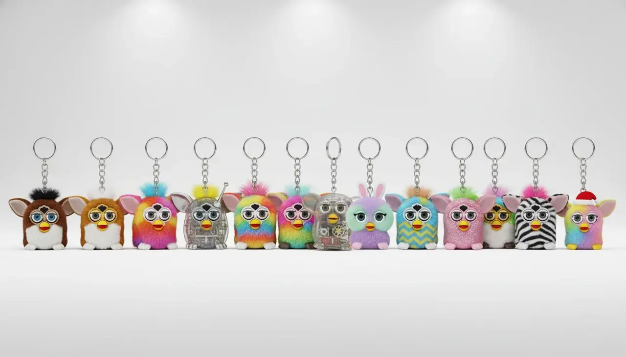 different furby keychain models showing variety and evolution