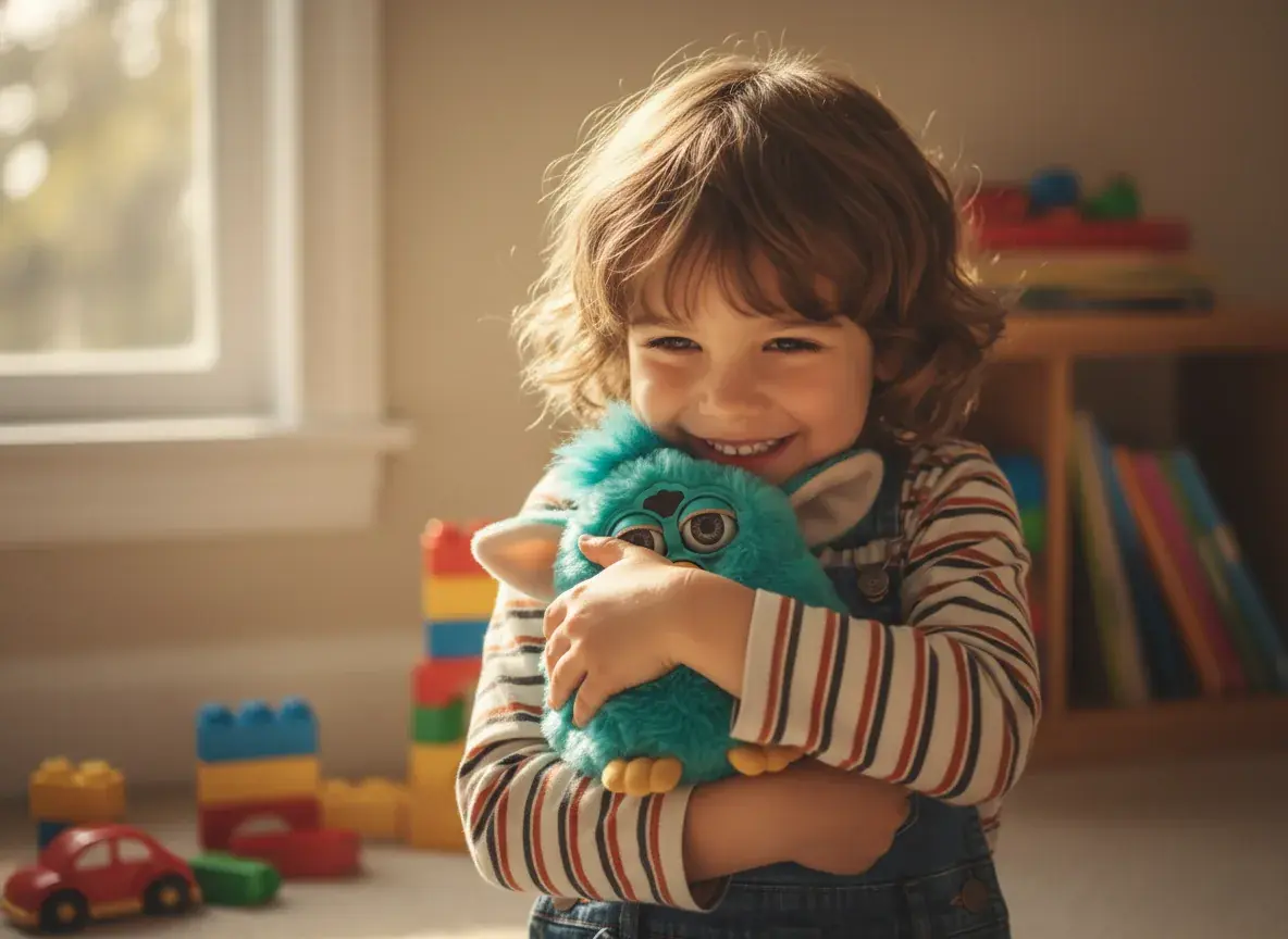 happy child playing with named furby toy showing emotional connection
