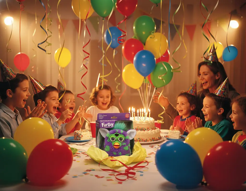 Furby toy wrapped for birthday celebration with balloons and party decorations