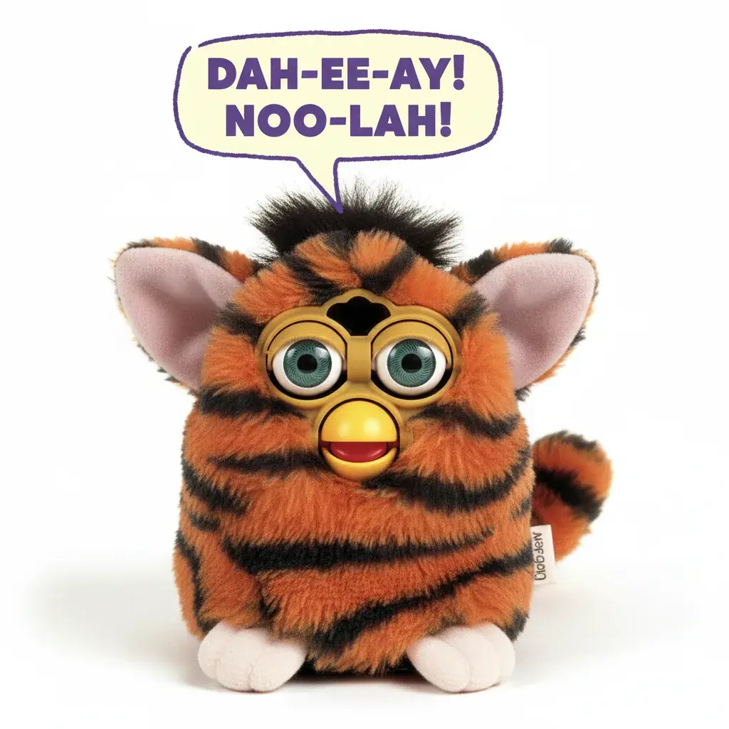 1998 furby speaking furbish language with speech bubble
